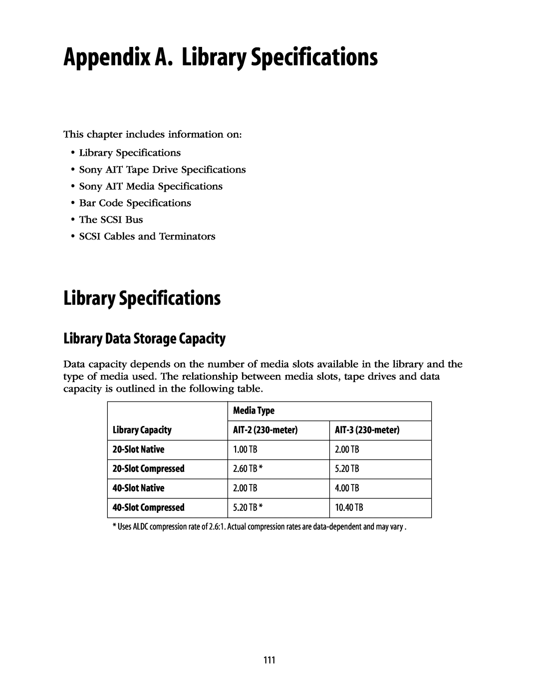 Spectra Logic 10000 manual Appendix A. Library Specifications, Library Data Storage Capacity 