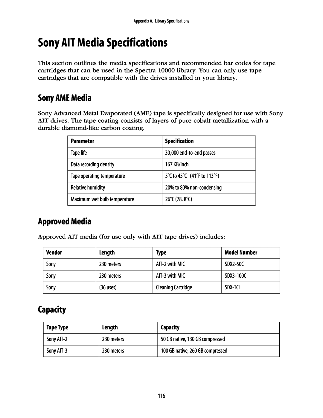 Spectra Logic 10000 manual Sony AIT Media Specifications, Sony AME Media, Approved Media, Capacity 