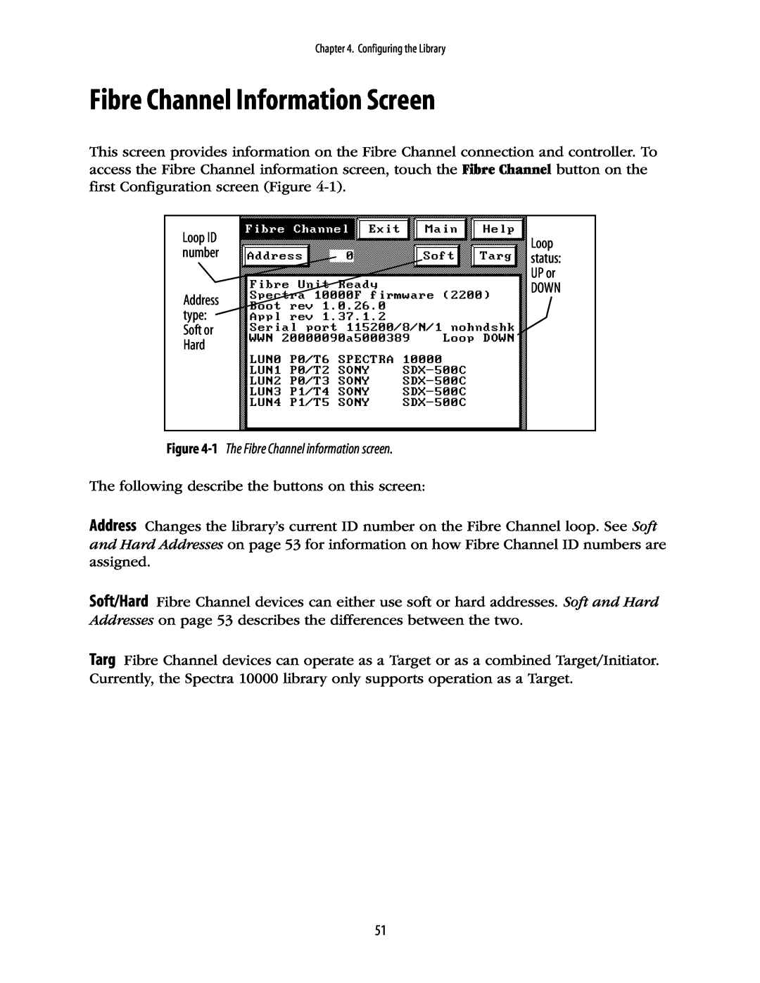 Spectra Logic 10000 manual Fibre Channel Information Screen, 1 The Fibre Channel information screen 