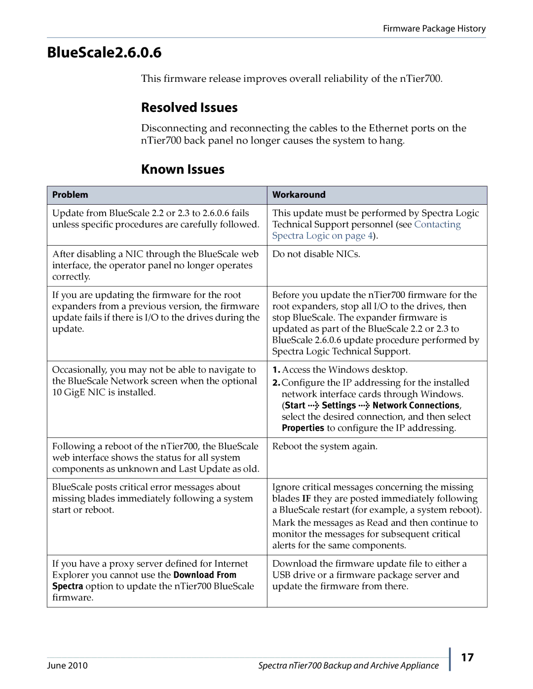 Spectra Logic NTIER700 manual BlueScale2.6.0.6, Start Settings Network Connections 