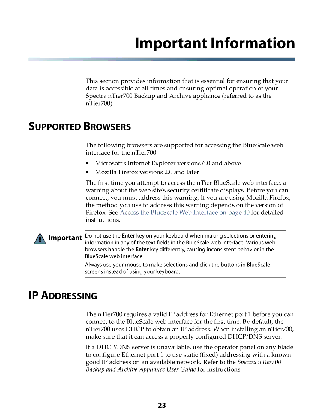 Spectra Logic NTIER700 manual Supported Browsers, IP Addressing 