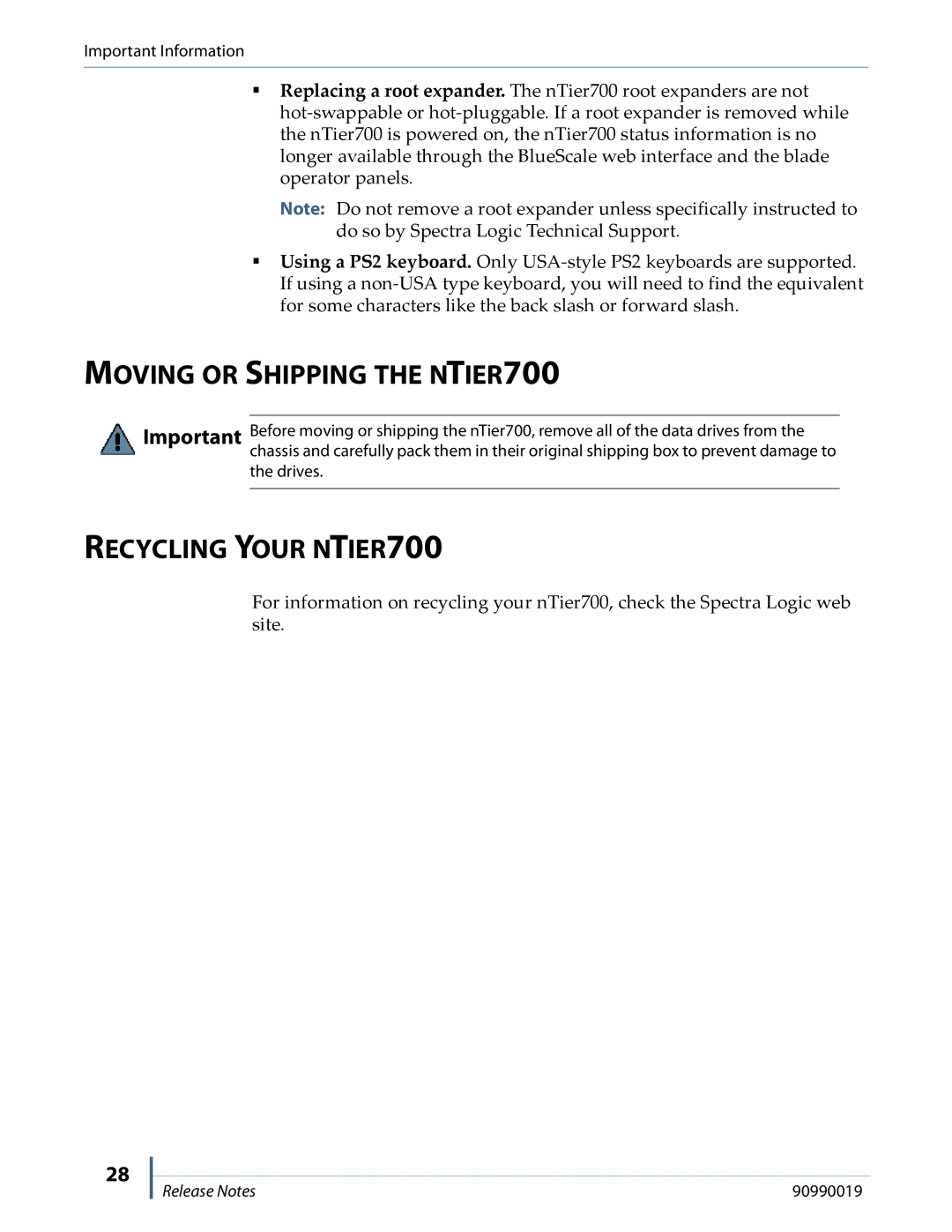 Spectra Logic manual Moving or Shipping the NTIER700, Recycling Your NTIER700 