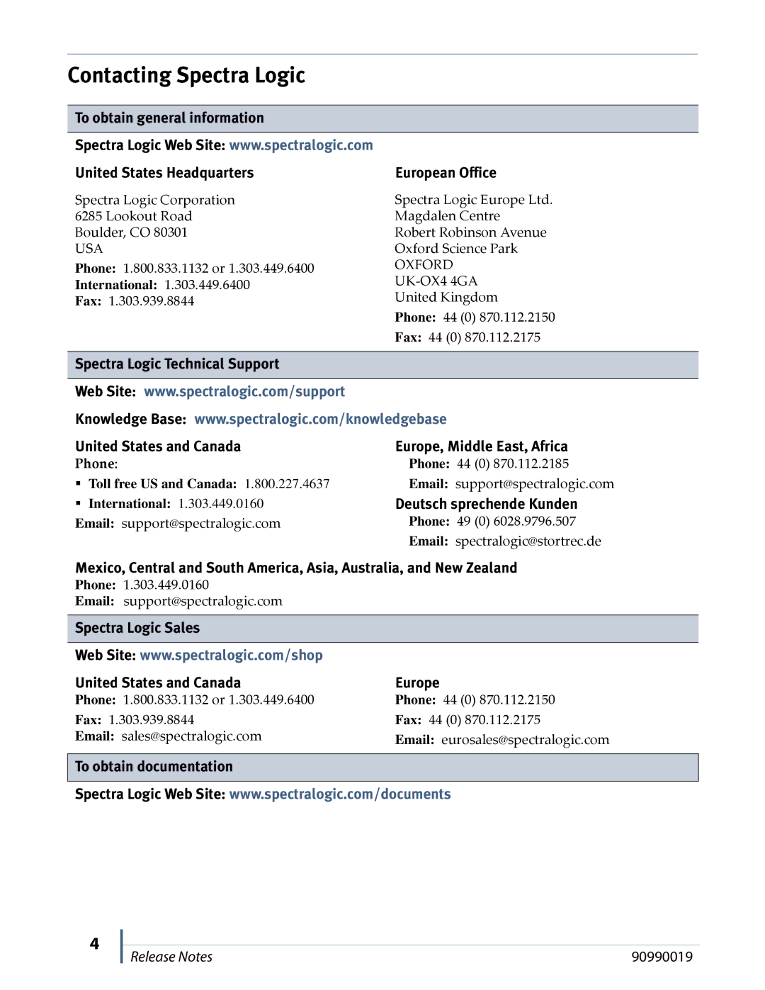 Spectra Logic NTIER700 manual Contacting Spectra Logic, Spectra Logic Sales United States and Canada Europe 