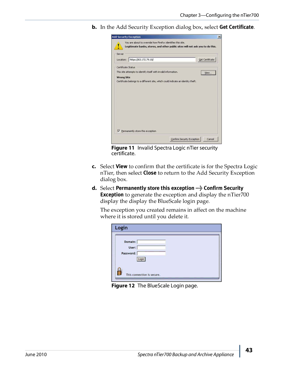 Spectra Logic NTIER700 manual Add Security Exception dialog box, select Get Certificate 