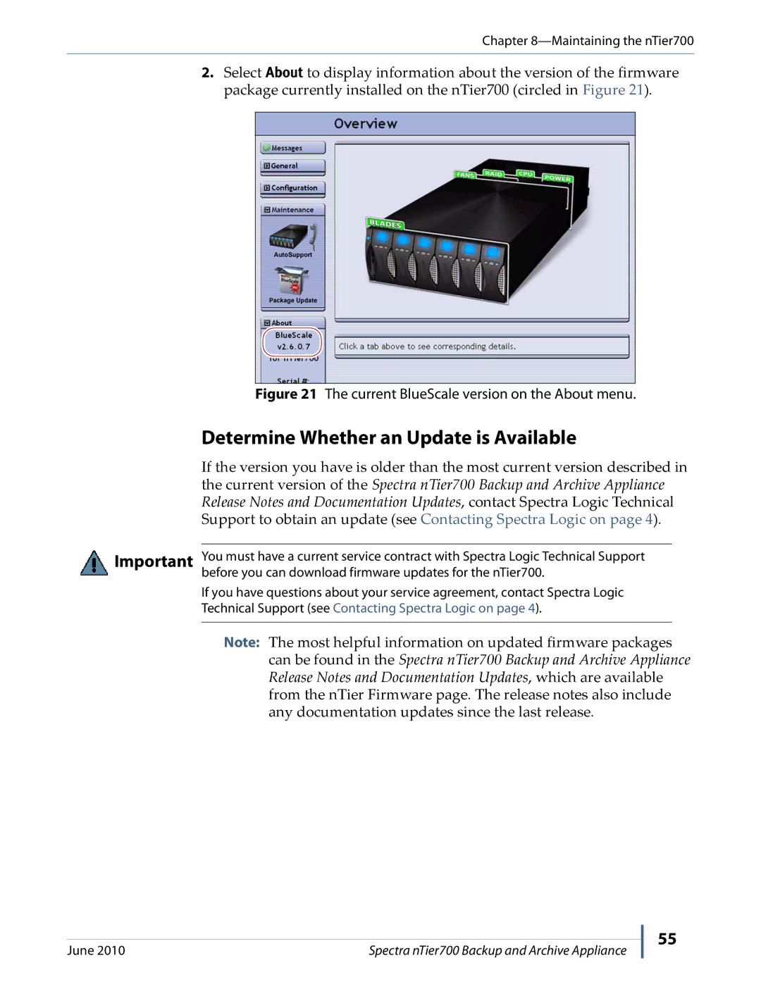 Spectra Logic NTIER700 manual Determine Whether an Update is Available, Current BlueScale version on the About menu 