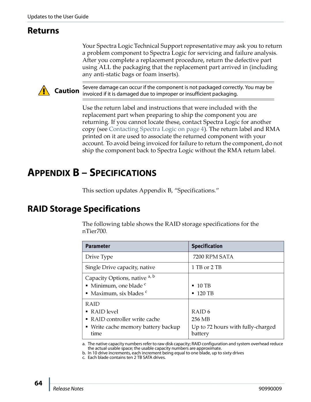 Spectra Logic NTIER700 manual Returns, RAID Storage Specifications, Appendix B Specifications, Parameter Specification 