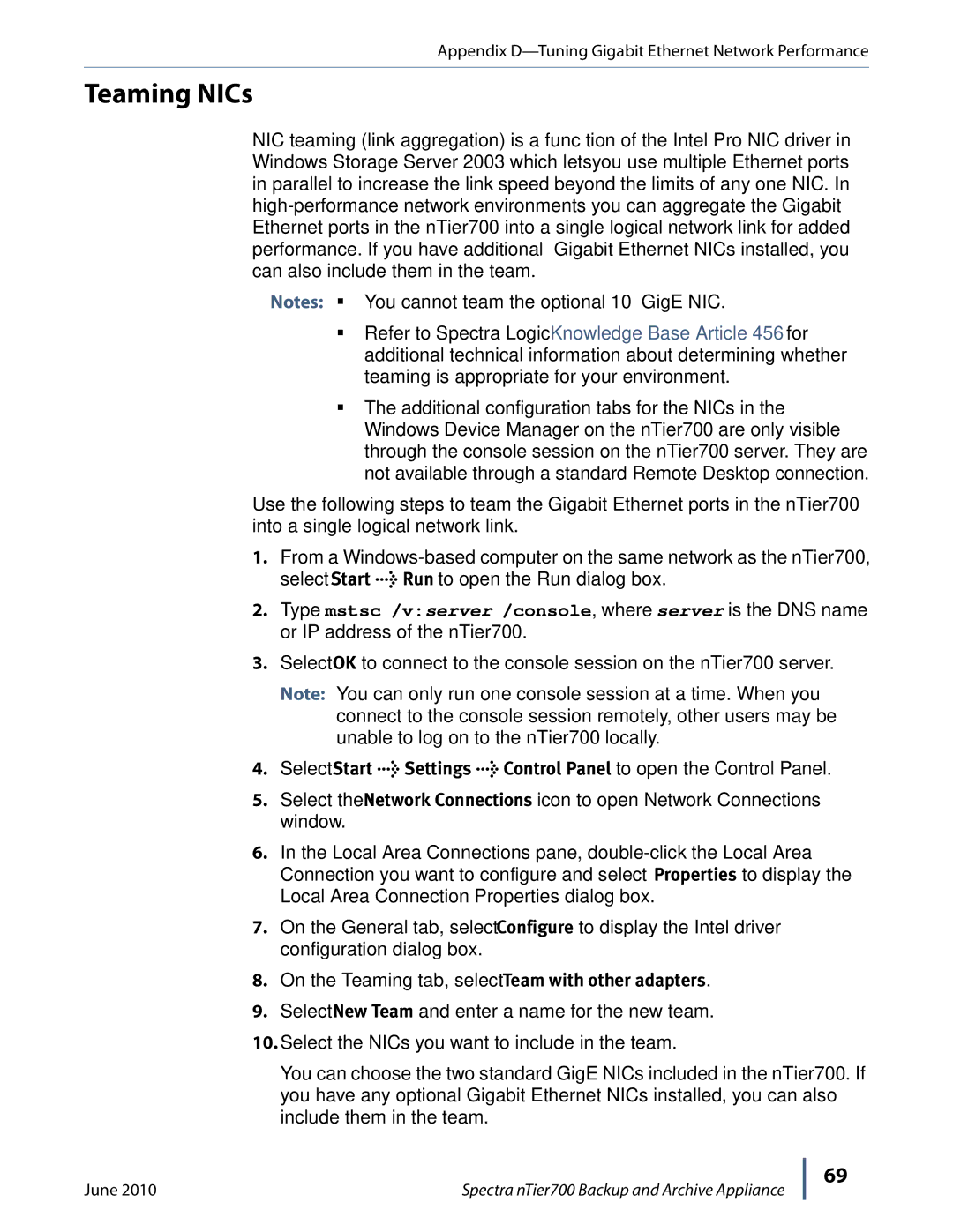 Spectra Logic NTIER700 manual Teaming NICs 