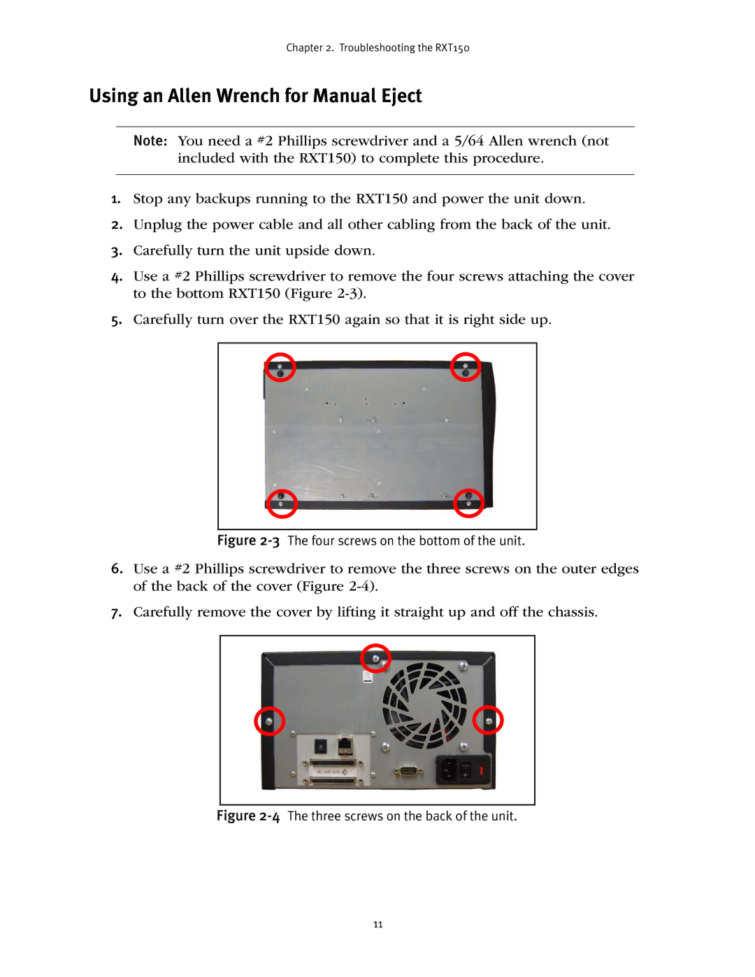 Spectra Logic RXT150 manual Using an Allen Wrench for Manual Eject, 3The four screws on the bottom of the unit 