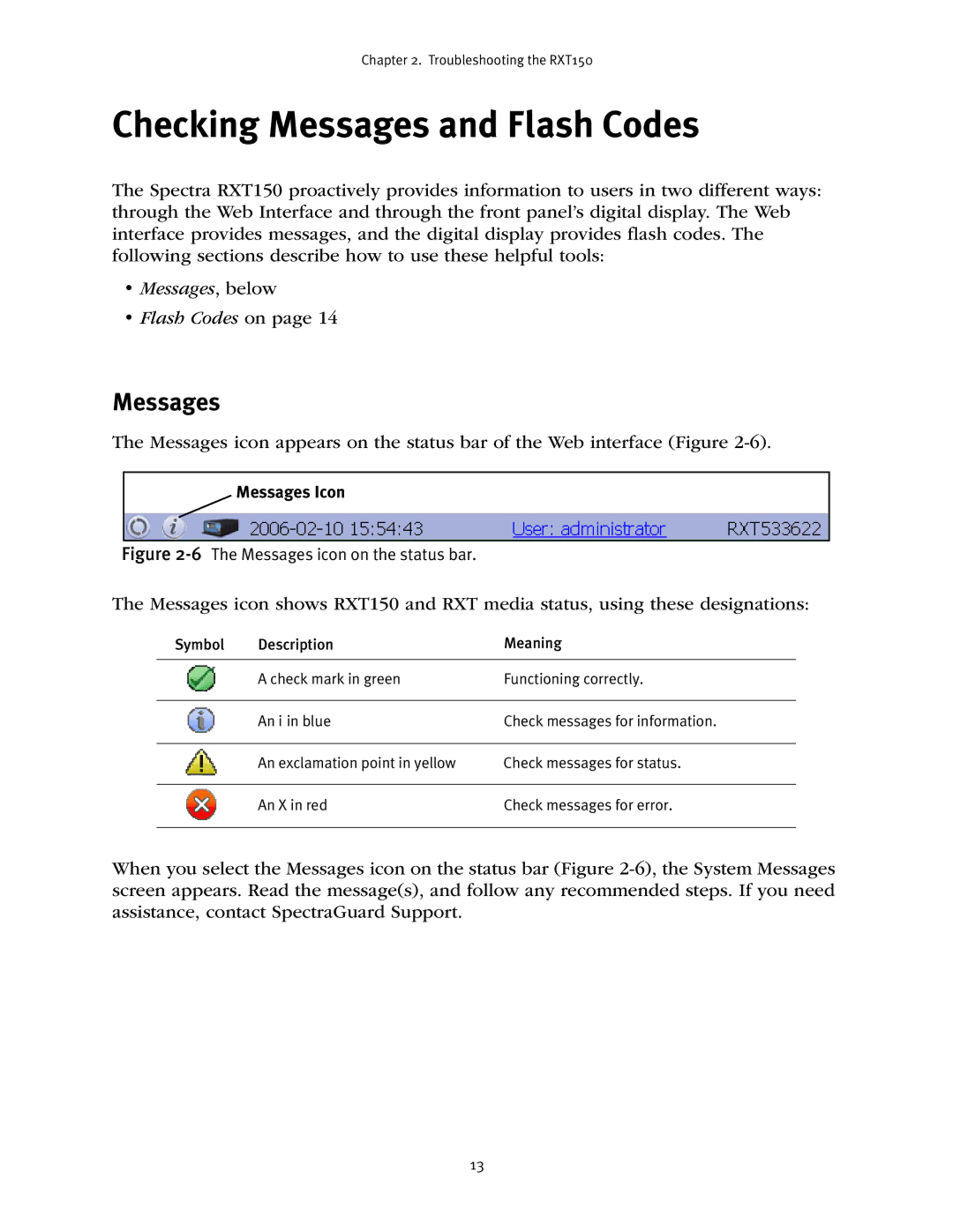 Spectra Logic RXT150 manual Checking Messages and Flash Codes 