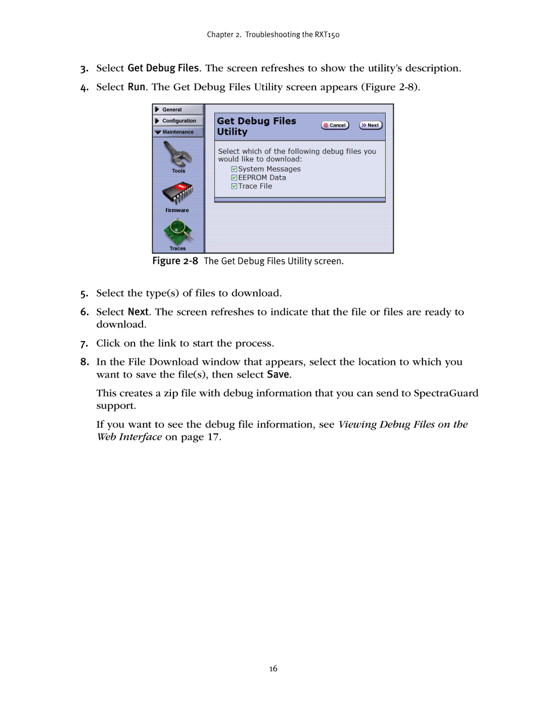 Spectra Logic RXT150 manual 8The Get Debug Files Utility screen 