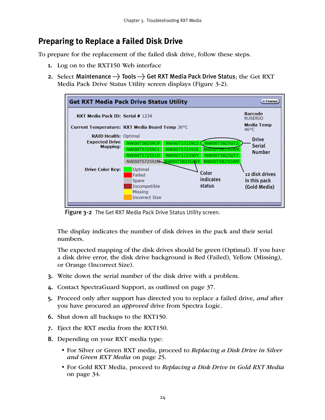 Spectra Logic RXT150 manual Preparing to Replace a Failed Disk Drive, 2The Get RXT Media Pack Drive Status Utility screen 