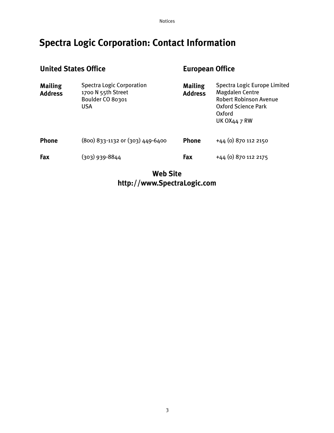 Spectra Logic RXT150 manual United States Office European Office, Web Site 