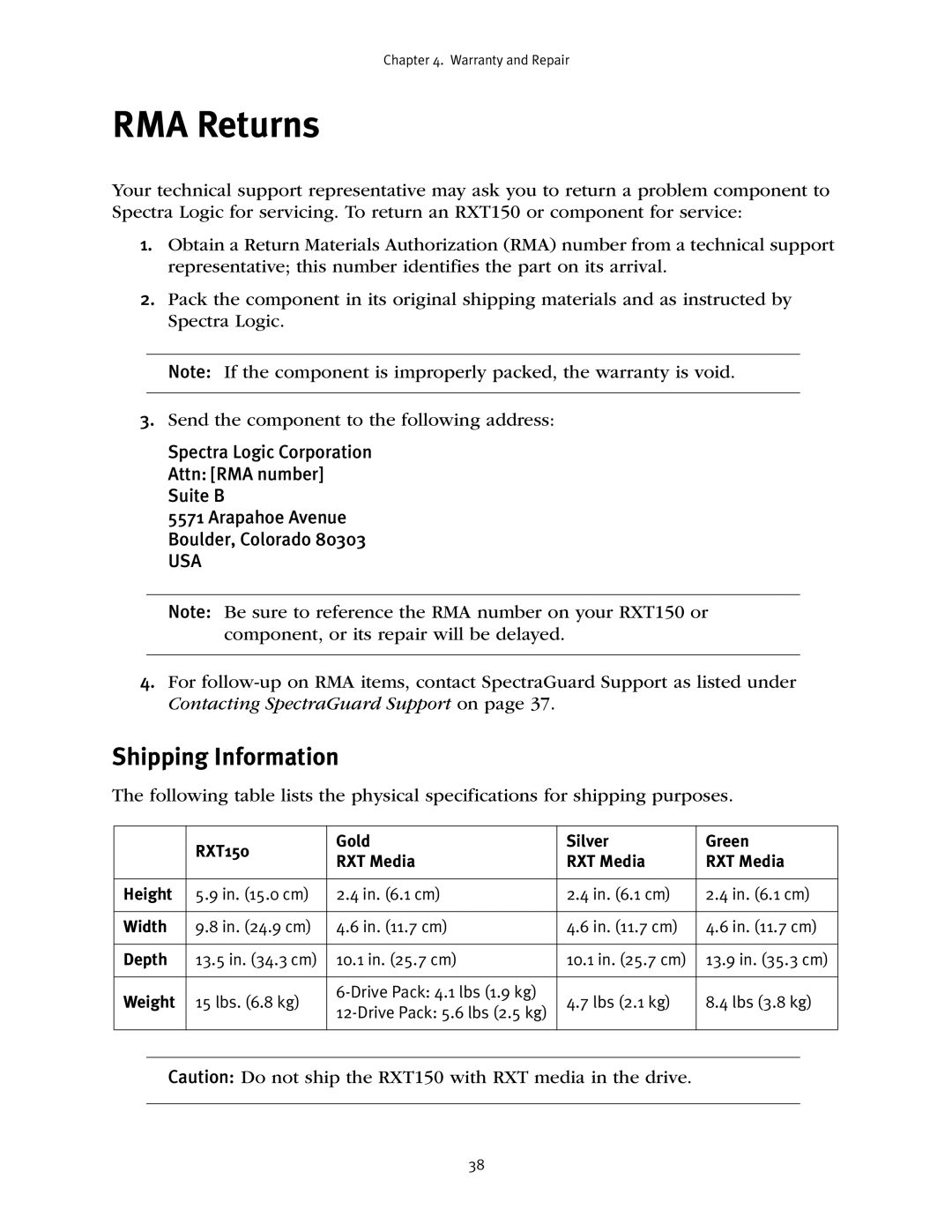 Spectra Logic RXT150 manual RMA Returns, Shipping Information 