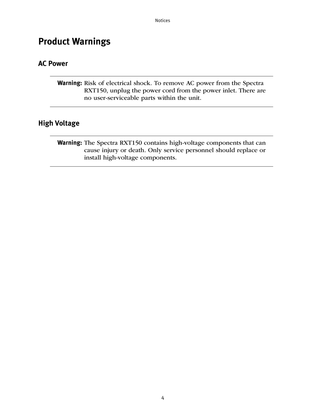 Spectra Logic RXT150 manual AC Power High Voltage 