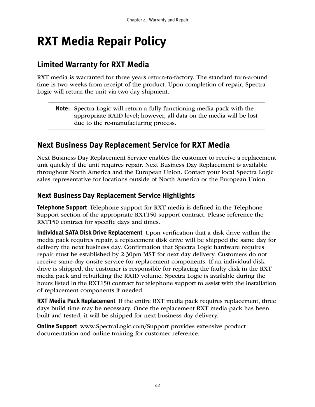 Spectra Logic RXT150 manual RXT Media Repair Policy, Limited Warranty for RXT Media 