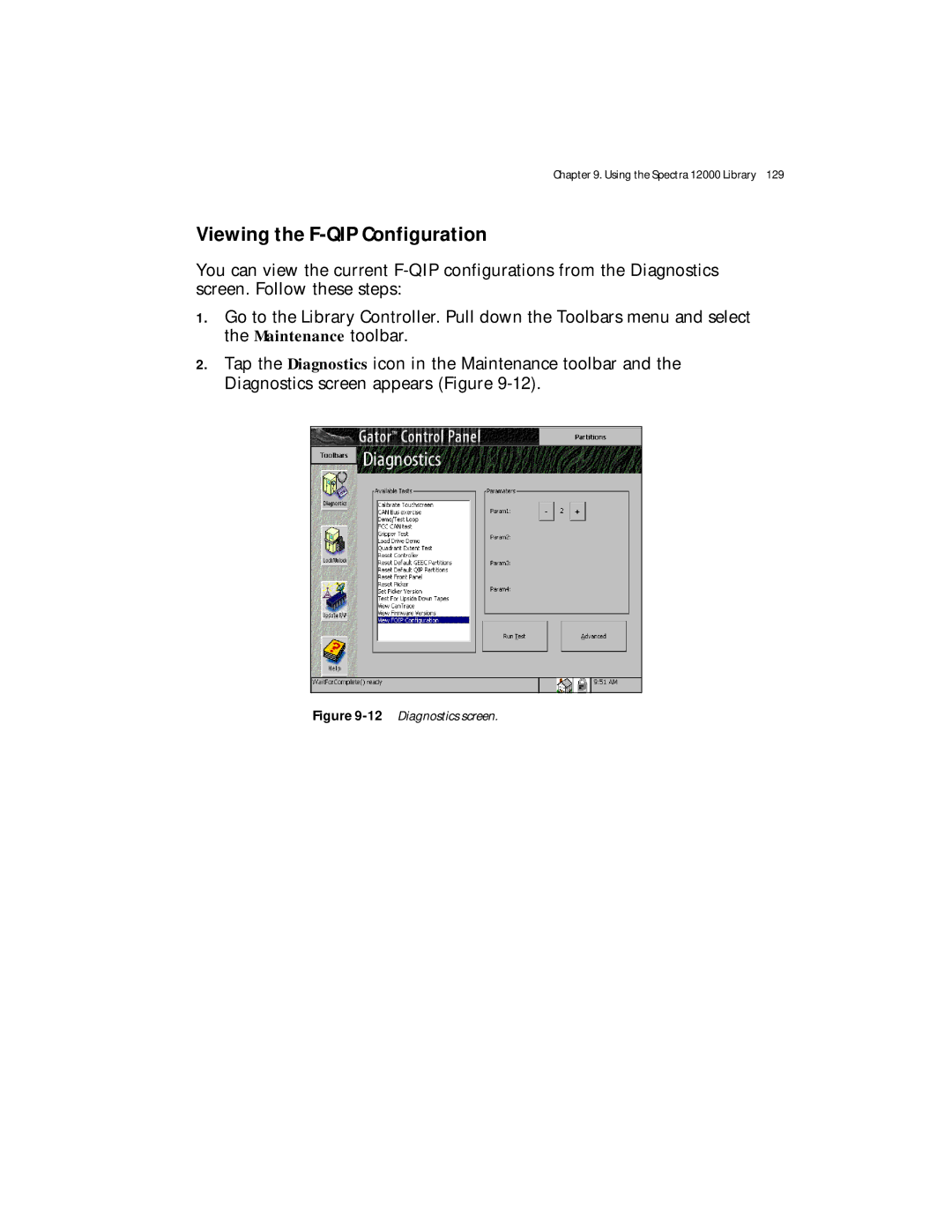 Spectra Logic Spectra 12000 manual Viewing the F-QIP Configuration, 12Diagnostics screen 