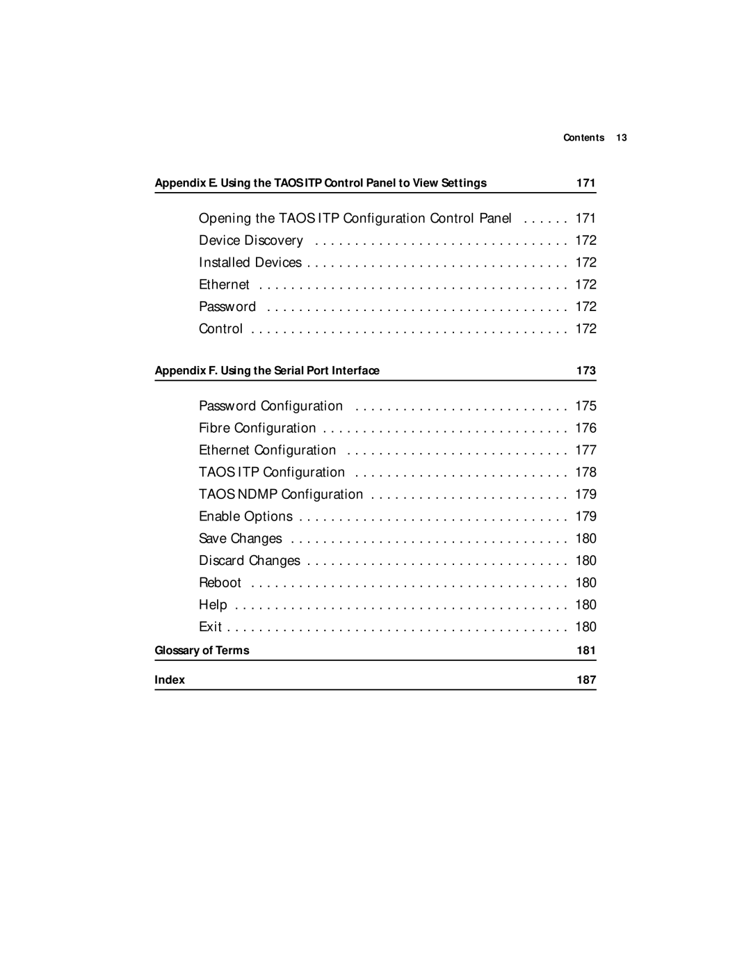 Spectra Logic Spectra 12000 manual 171, Appendix F. Using the Serial Port Interface 173, Glossary of Terms 181 Index 187 