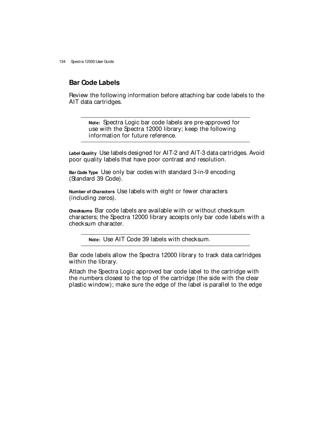 Spectra Logic Spectra 12000 manual Bar Code Labels 