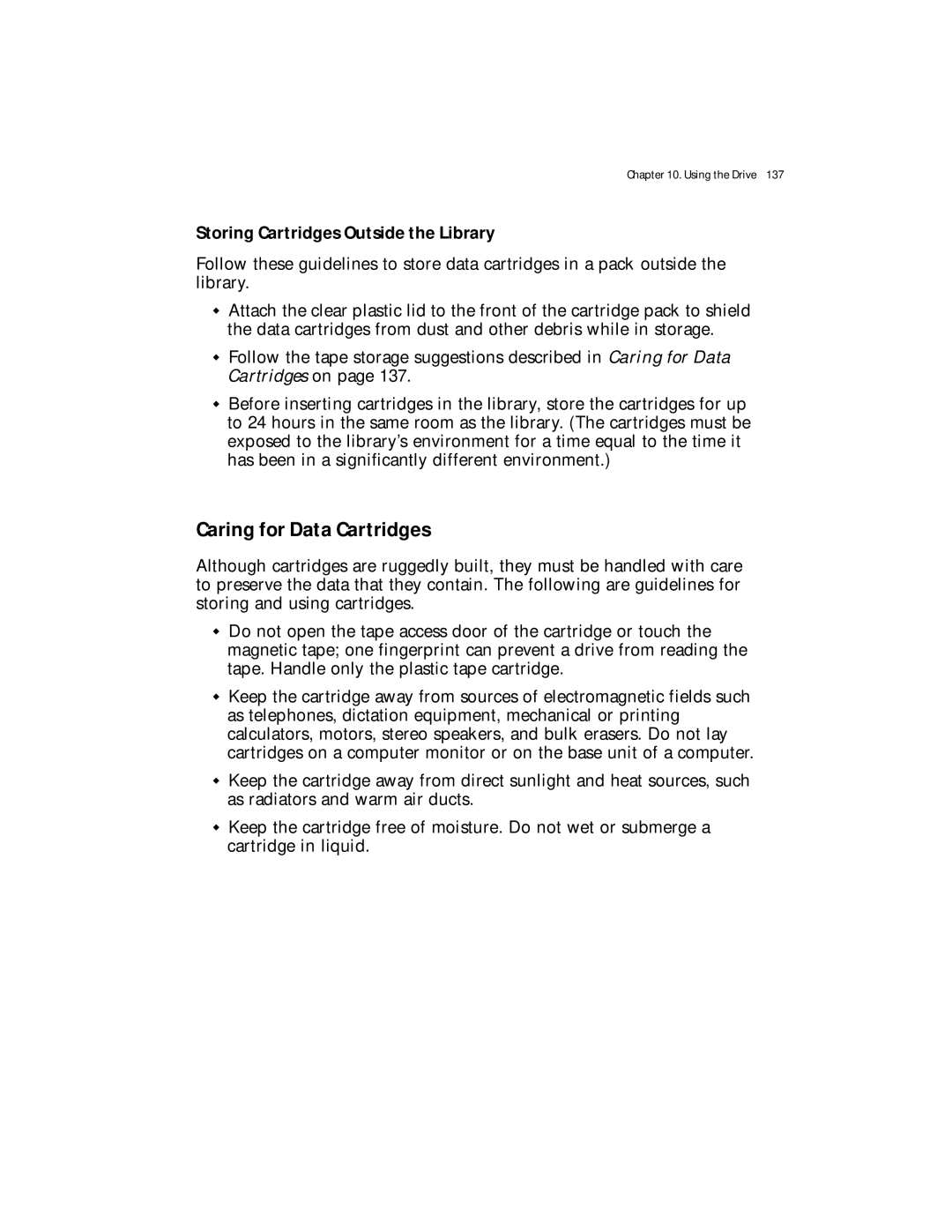 Spectra Logic Spectra 12000 manual Caring for Data Cartridges, Storing Cartridges Outside the Library 