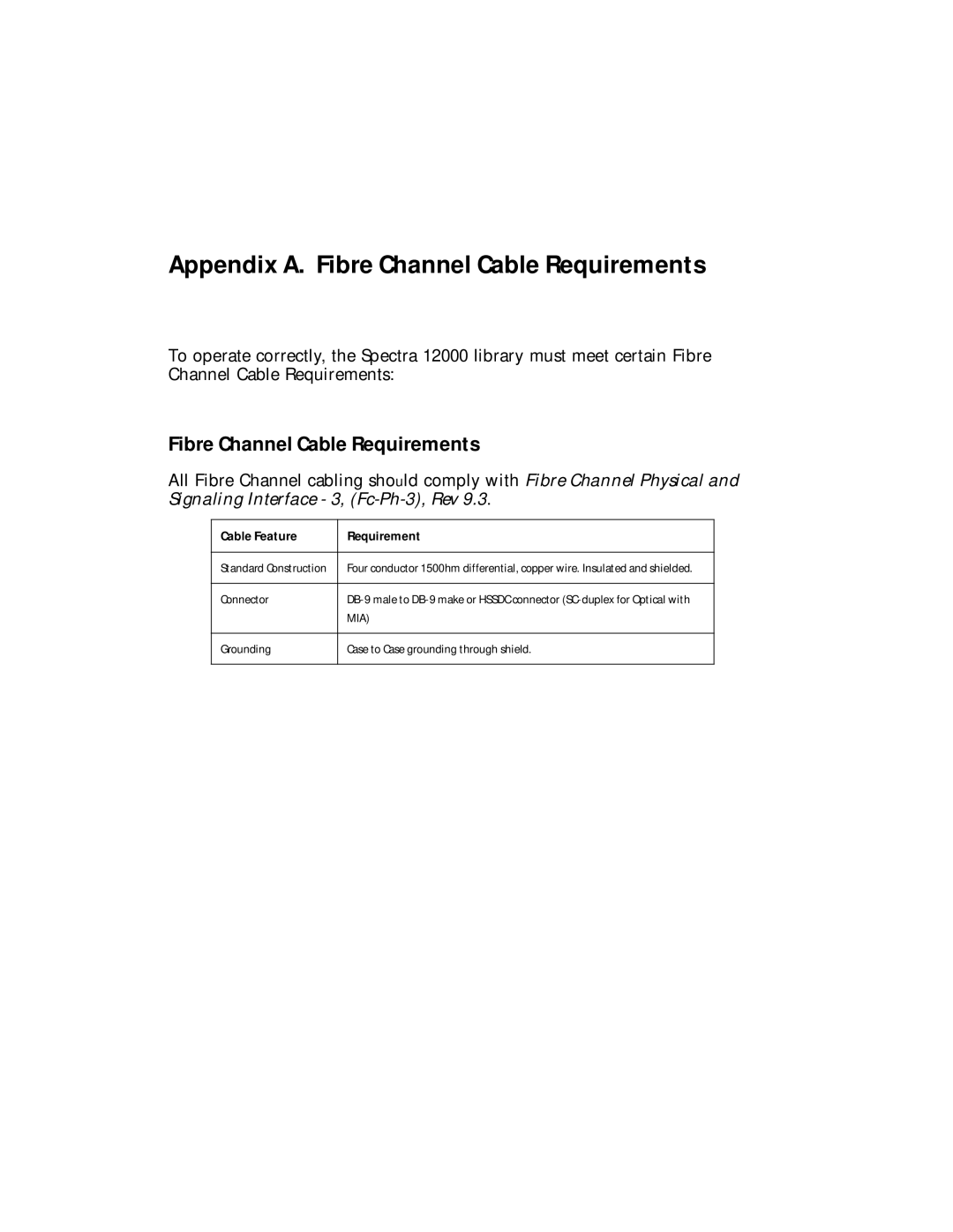 Spectra Logic Spectra 12000 manual Appendix A. Fibre Channel Cable Requirements 