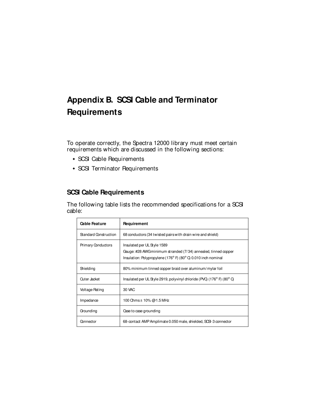 Spectra Logic Spectra 12000 manual Appendix B. Scsi Cable and Terminator Requirements, Scsi Cable Requirements 