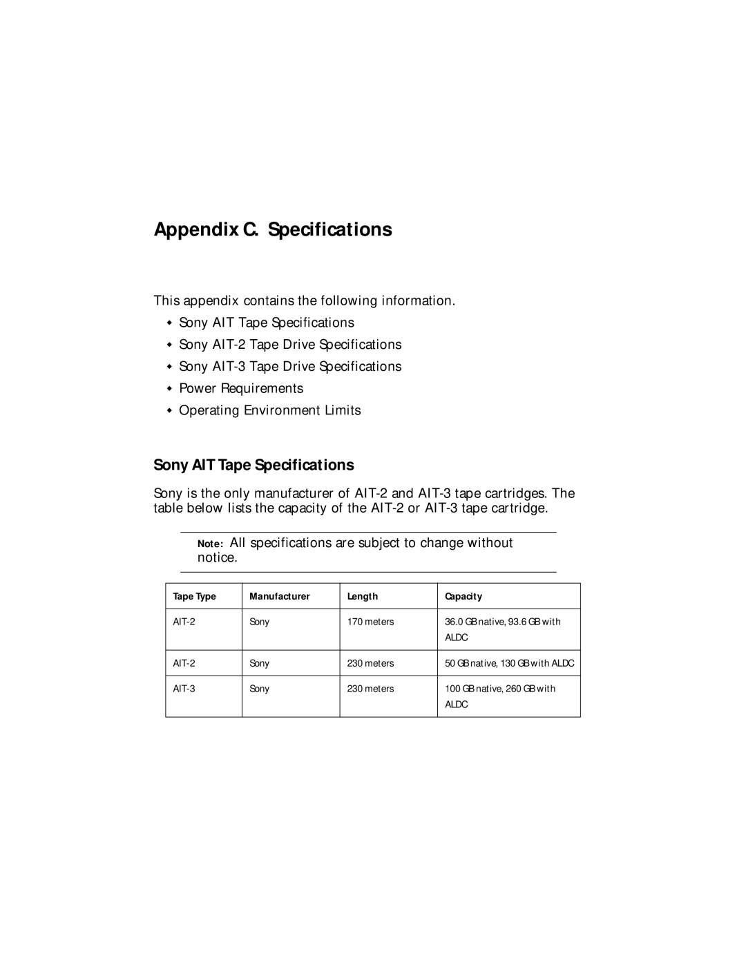 Spectra Logic Spectra 12000 manual Appendix C. Specifications, Sony AIT Tape Specifications 