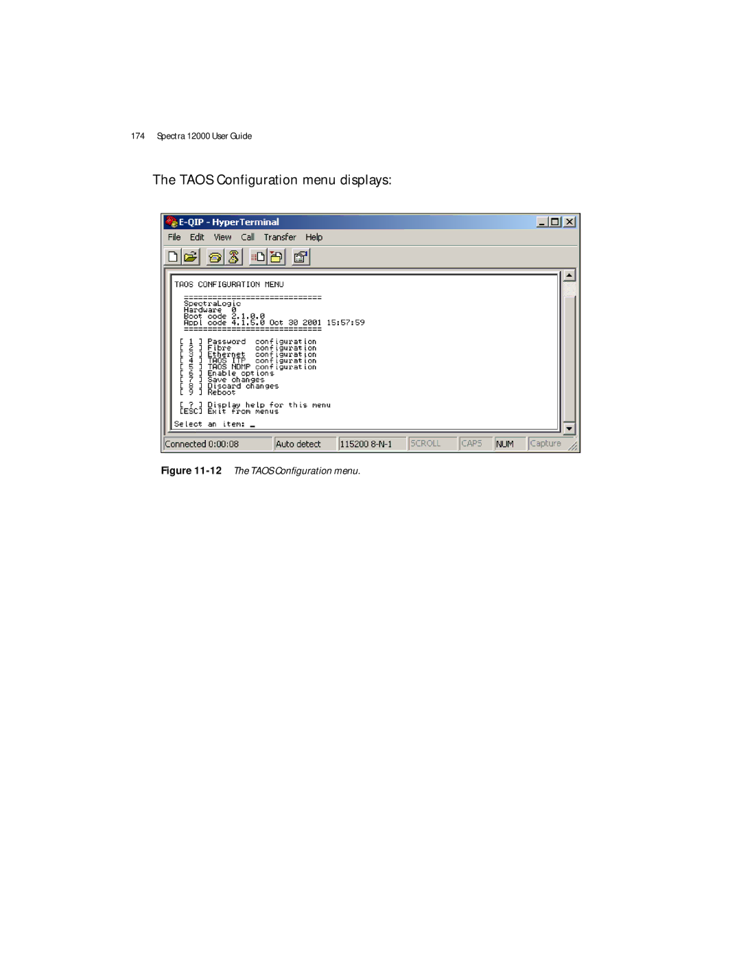 Spectra Logic Spectra 12000 manual 12The Taos Configuration menu 