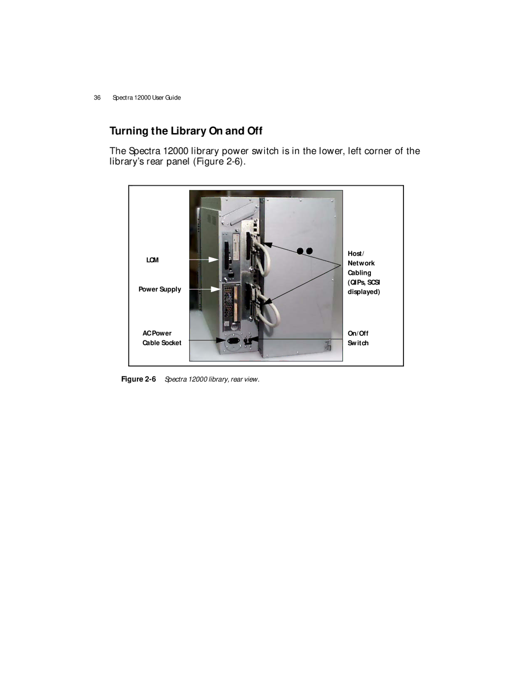 Spectra Logic manual Turning the Library On and Off, 6Spectra 12000 library, rear view 