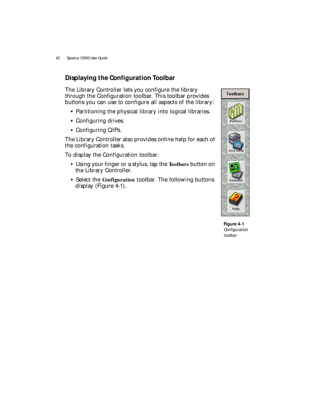 Spectra Logic Spectra 12000 manual Displaying the Configuration Toolbar, Configuration toolbar 