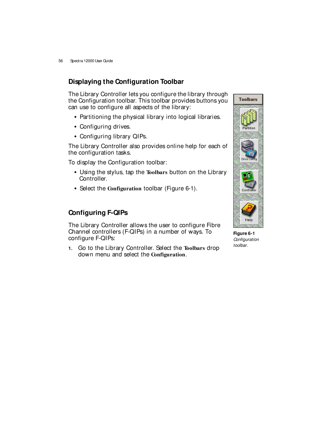 Spectra Logic Spectra 12000 manual Displaying the Configuration Toolbar, Configuring F-QIPs 