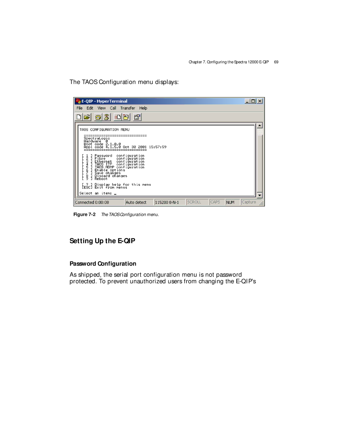 Spectra Logic Spectra 12000 manual Setting Up the E-QIP, Password Configuration 