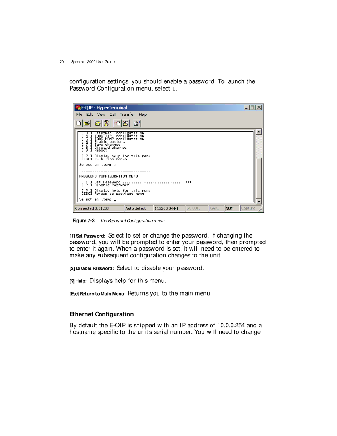 Spectra Logic Spectra 12000 manual Ethernet Configuration, 3The Password Configuration menu 