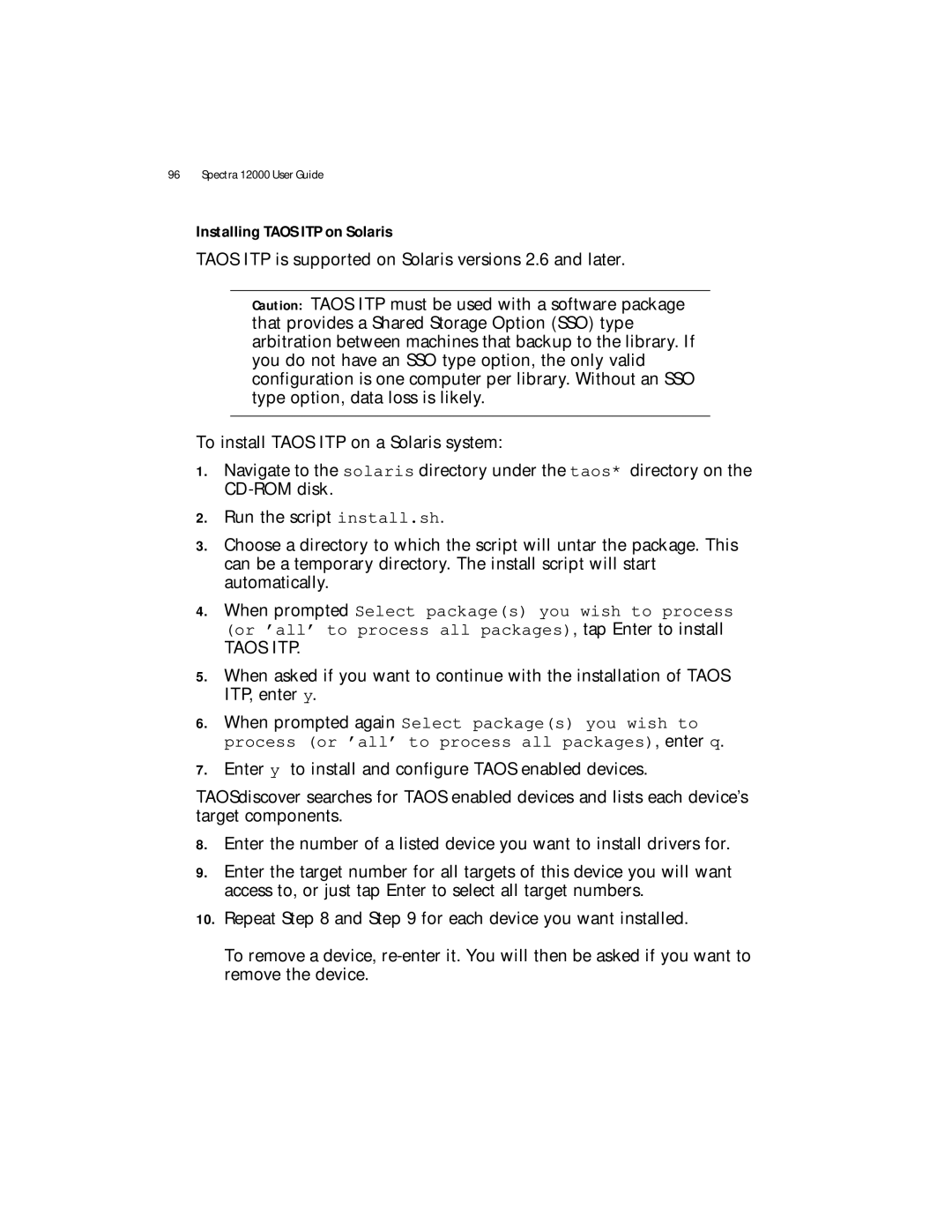 Spectra Logic Spectra 12000 manual Installing Taos ITP on Solaris 