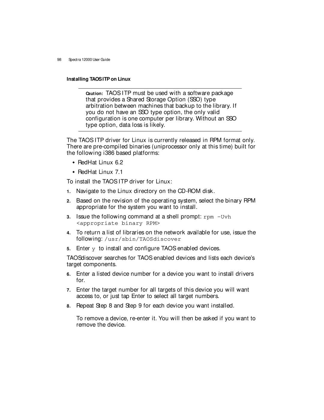 Spectra Logic Spectra 12000 manual Installing Taos ITP on Linux 