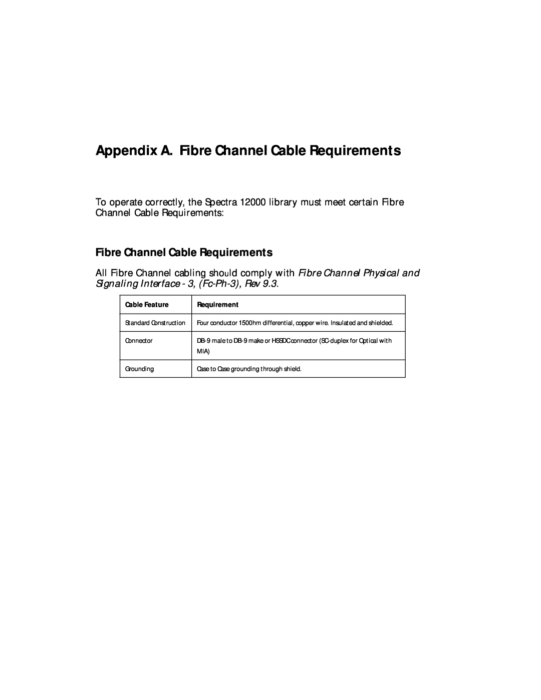 Spectra Logic Spectra 12000 manual Appendix A. Fibre Channel Cable Requirements 