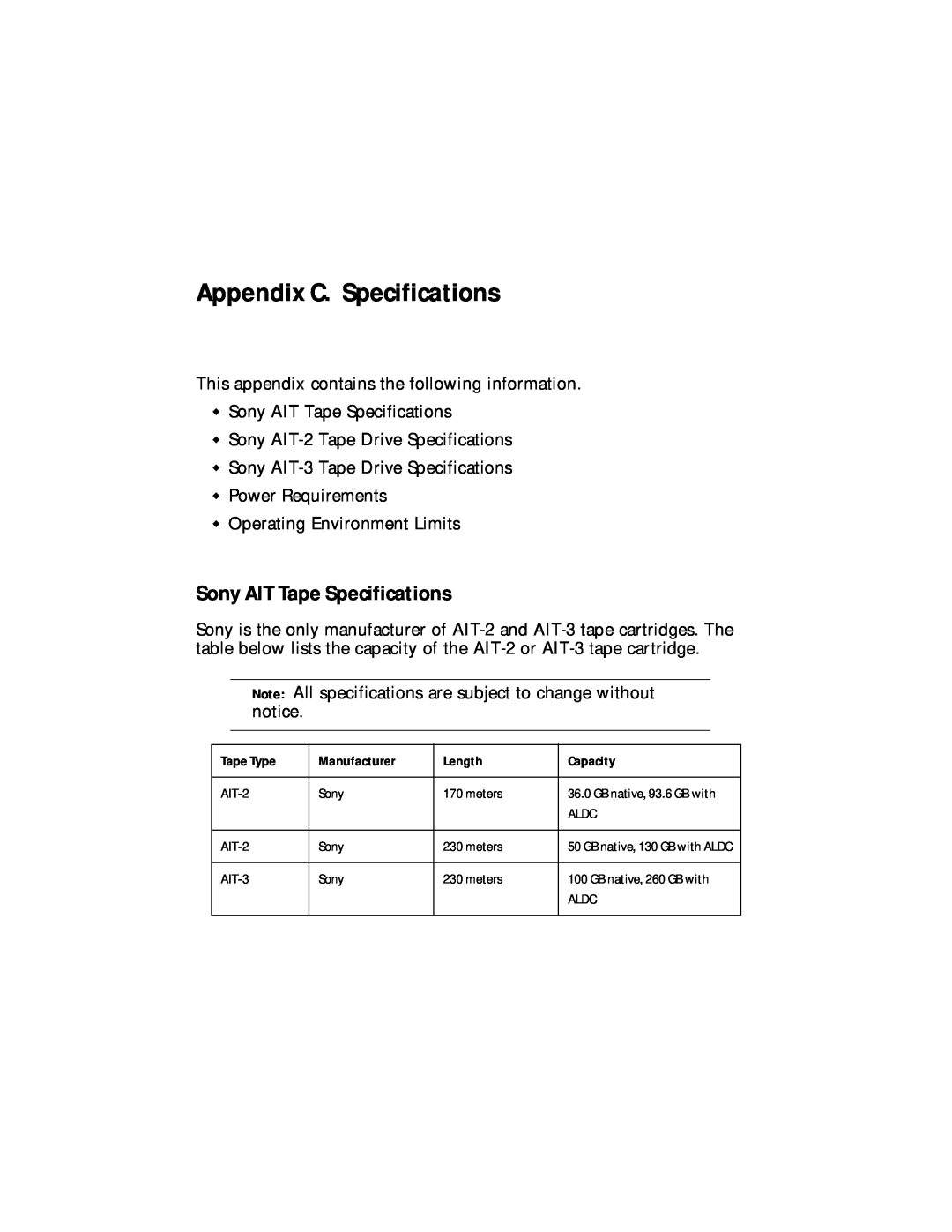 Spectra Logic Spectra 12000 manual Appendix C. Specifications, Sony AIT Tape Specifications 