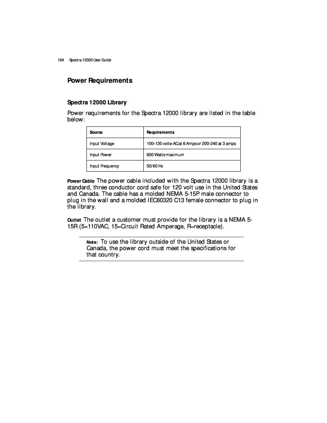Spectra Logic manual Power Requirements, Spectra 12000 Library 