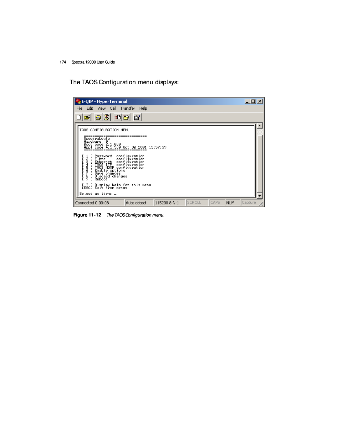 Spectra Logic manual 12 The TAOS Configuration menu, Spectra 12000 User Guide 