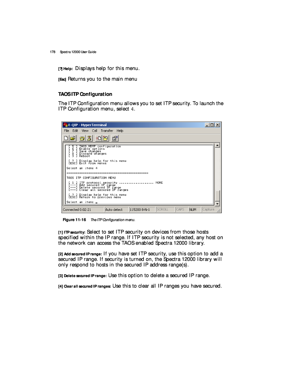 Spectra Logic manual 16 The ITP Configuration menu, TAOS ITP Configuration, Spectra 12000 User Guide 