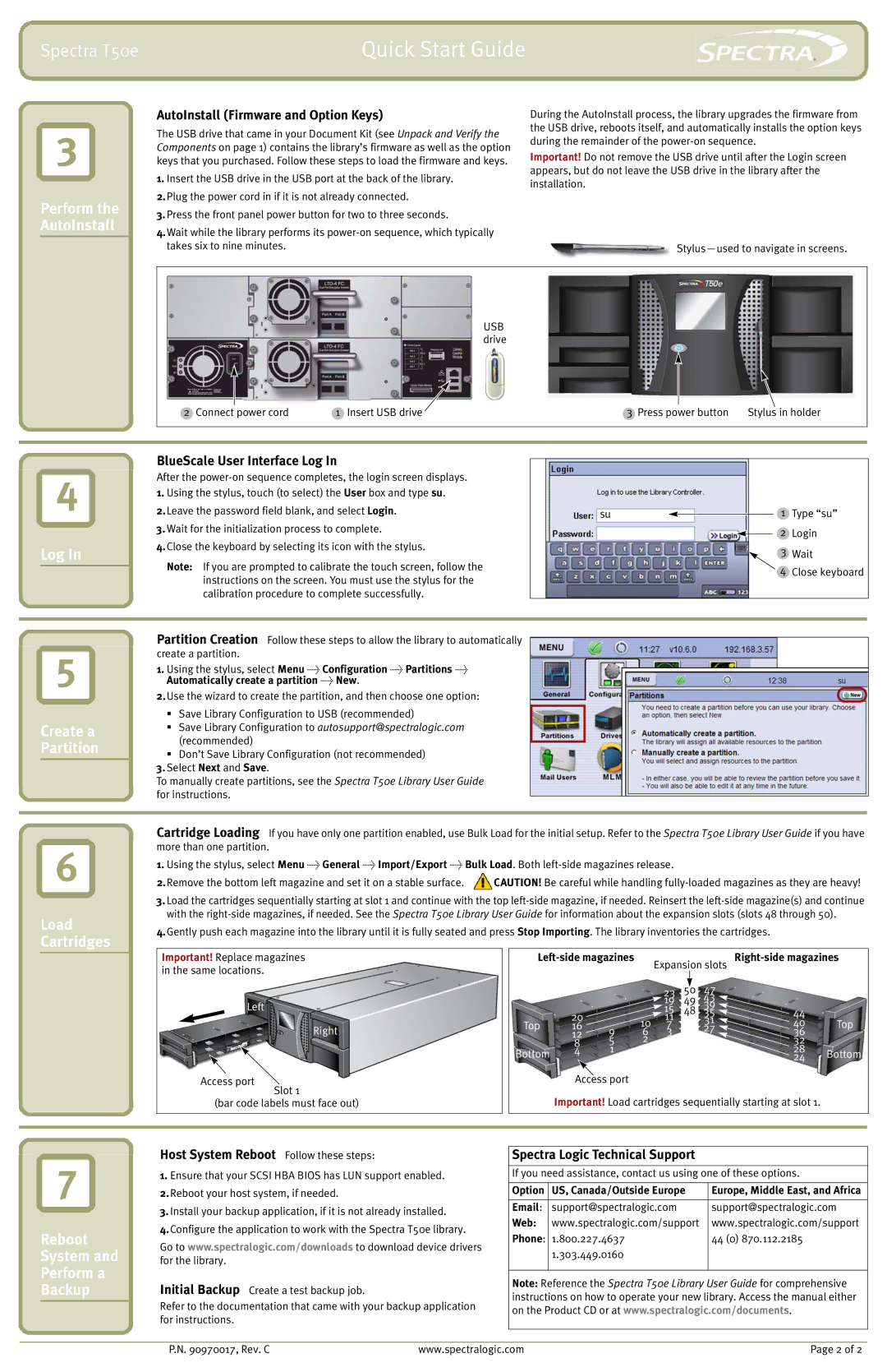 Spectra Logic T50E quick start Log, Reboot System Perform a Backup, Perform the AutoInstall, Load Cartridges 