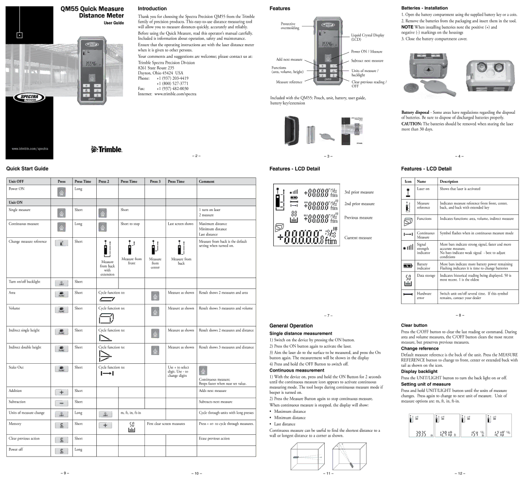 Spectra QM55 quick start Introduction, Quick Start Guide, Features LCD Detail, General Operation 