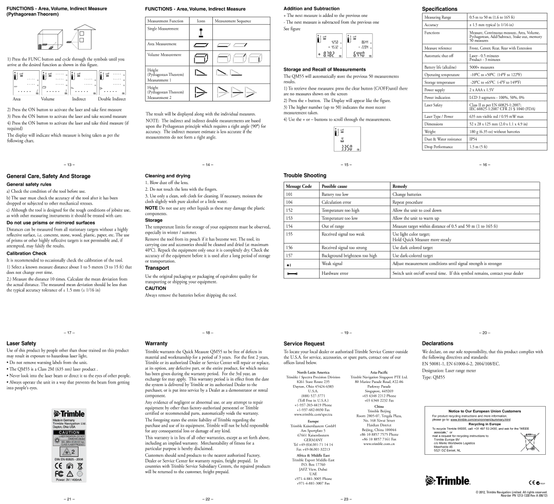 Spectra QM55 Specifications, General Care, Safety And Storage, Transport, Trouble Shooting, Laser Safety, Warranty 