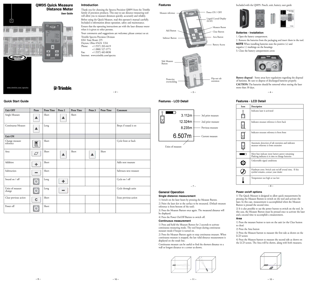 Spectra QM95 quick start Introduction, Quick Start Guide, Features LCD Detail, General Operation 