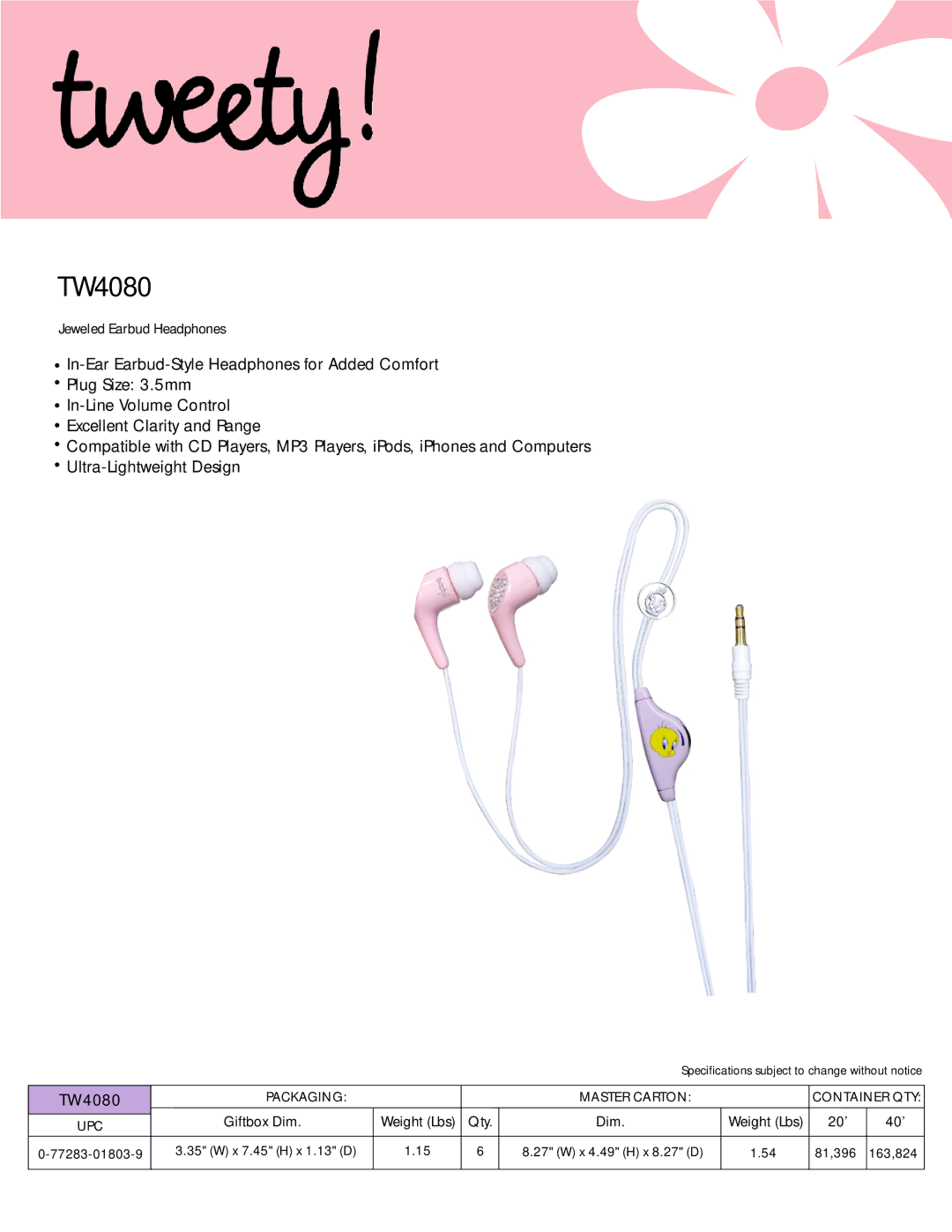 Spectra TW4080 specifications Jeweled Earbud Headphones 