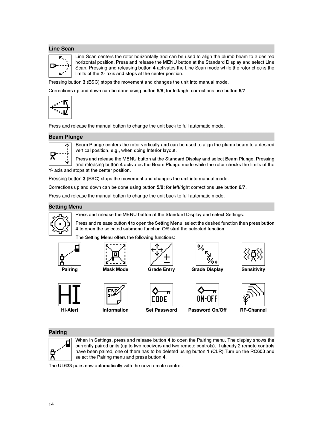 Spectra UL633-14 manual Line Scan, Beam Plunge, Pairing Mask Mode Grade Entry Grade Display 