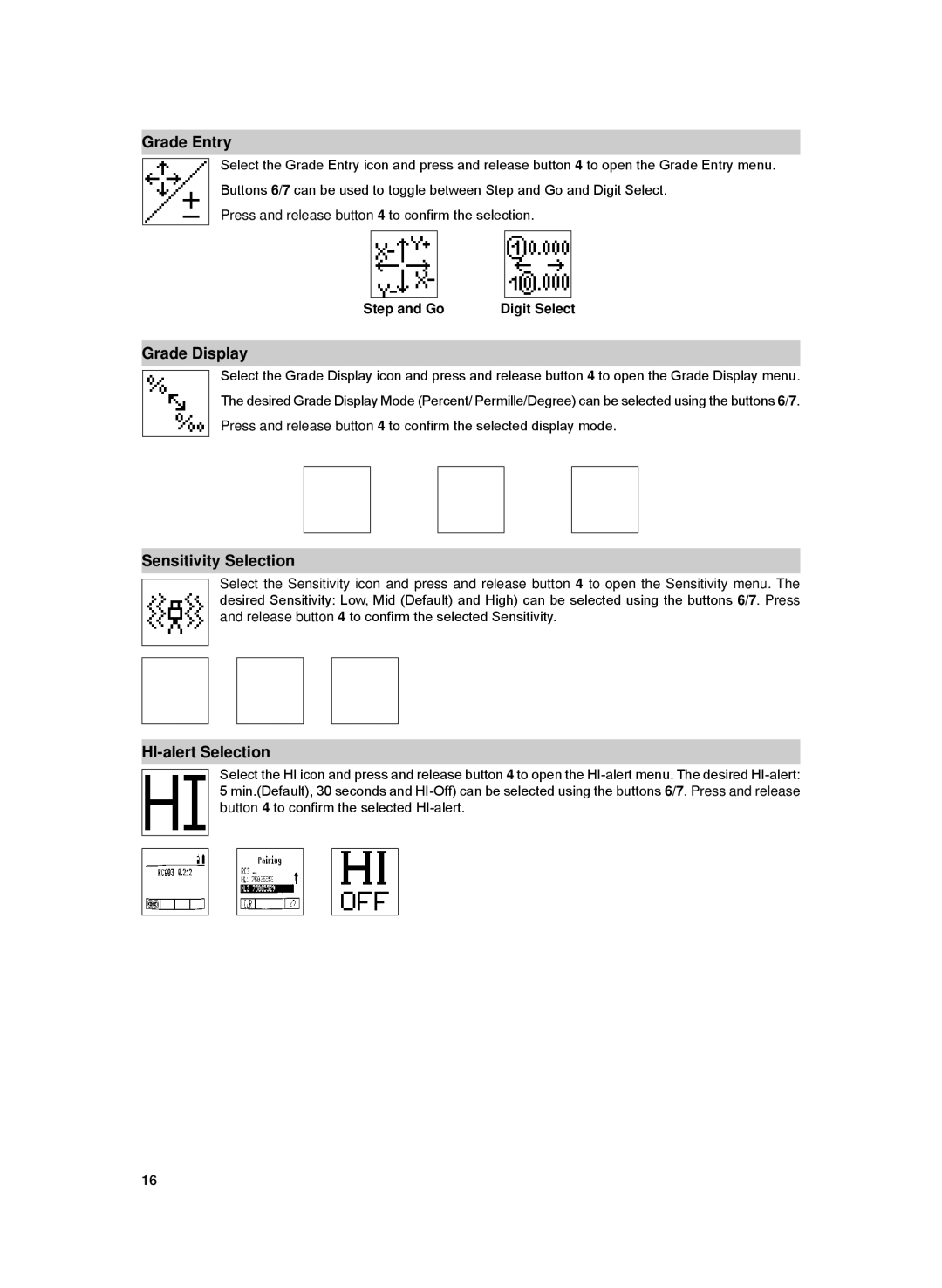 Spectra UL633-14 manual Grade Entry, Grade Display, Sensitivity Selection, HI-alert Selection, Step and Go 