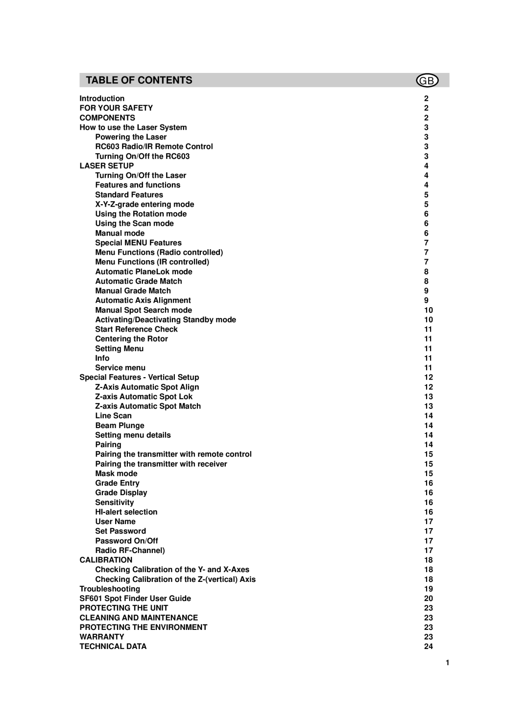 Spectra UL633-14 manual Table of Contents 