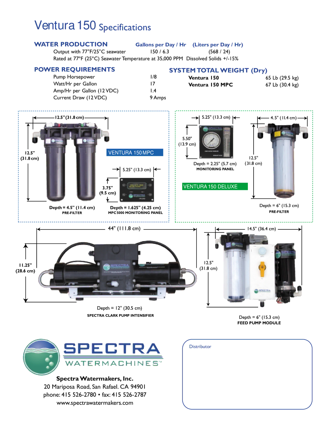 Spectra Watermakers manual Ventura 150 Specifications, System Total Weight Dry 