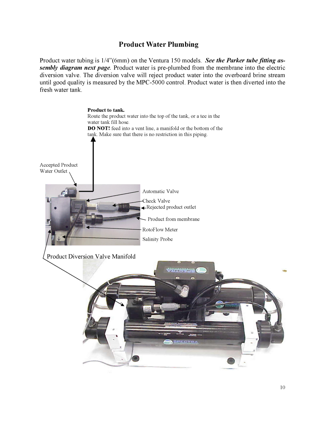 Spectra Watermakers MPC-5000 owner manual Product Water Plumbing, Product to tank 