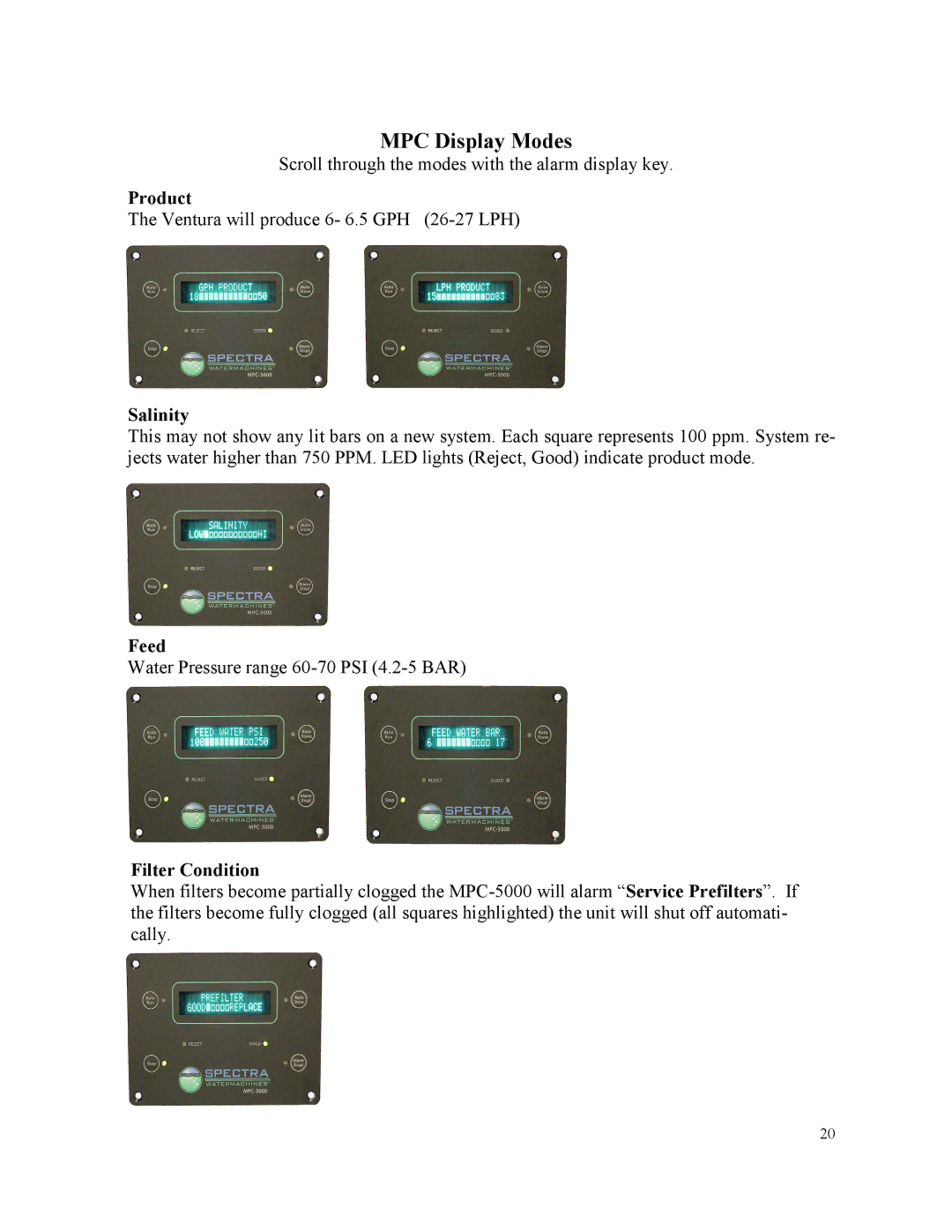 Spectra Watermakers MPC-5000 owner manual MPC Display Modes, Salinity 